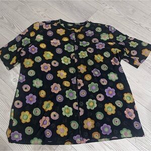 Vintage Floral black yellow purple green short sleeve button-up top, Size XL